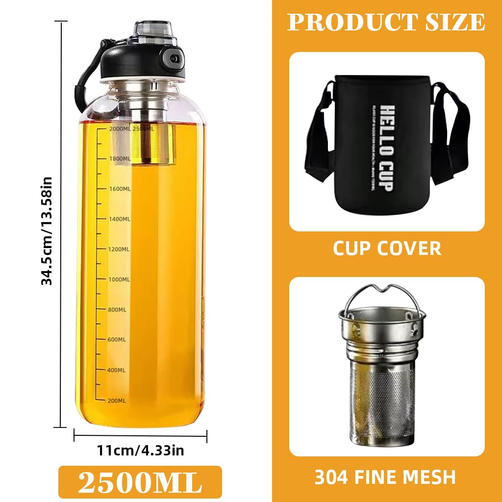 Supvox Glass Water Bottle for Hot and Cold Drinks with Tea Infuser and 2500ml Capacity | Heat Resistant Design and Insulation Carry Bag