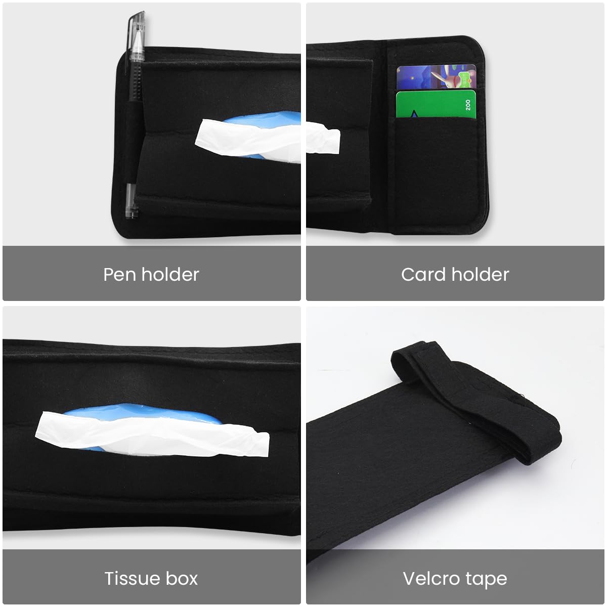 STHIRA® Car Tissue Holder, Sun Visor Organizer Felt Clip Tissue Paper Box for Car, Multi Pockets Tissue Box, Sun Visor Card Holder Universal Tissue Paper Box for Sun Visor Car Accessory Interior