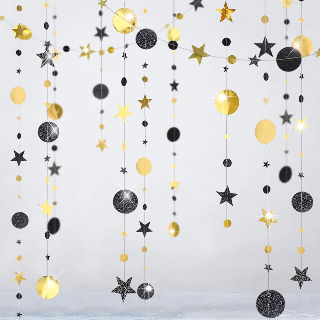 HASTHIP® 3Pcs Black Gold Party Decorations Moon Star Garland Hanging Stars13ft String Decorations Wall Hanging Decorations Room Decoration Party Supplies for Wedding, Festival, Party