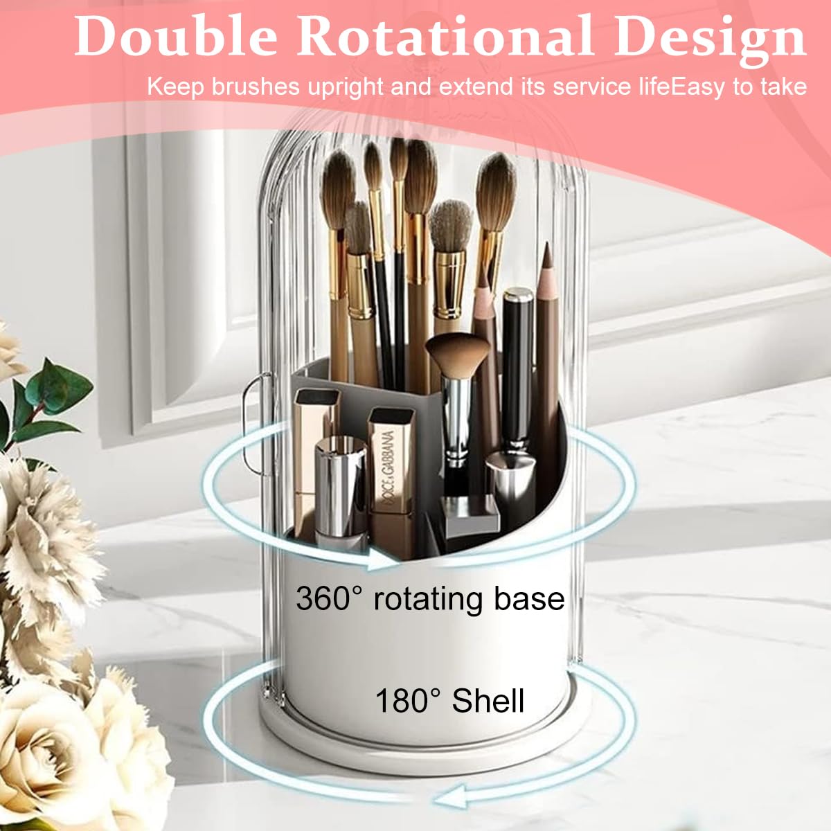 MAYCREATE Makeup Brush Holder for Vanity with 360° Rotatable 3 Grid Design | Clear Lid 12.2×27 cm Plastic Organizer