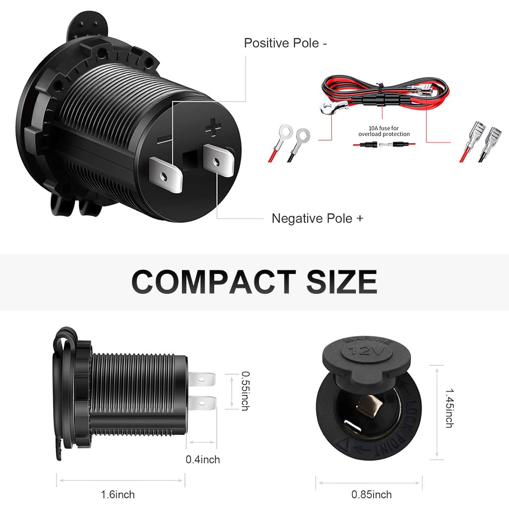 ZIBUYU 12V Cigarette Lighter Socket for Vehicle Repair with 3.3ft Wire and Protective Cap