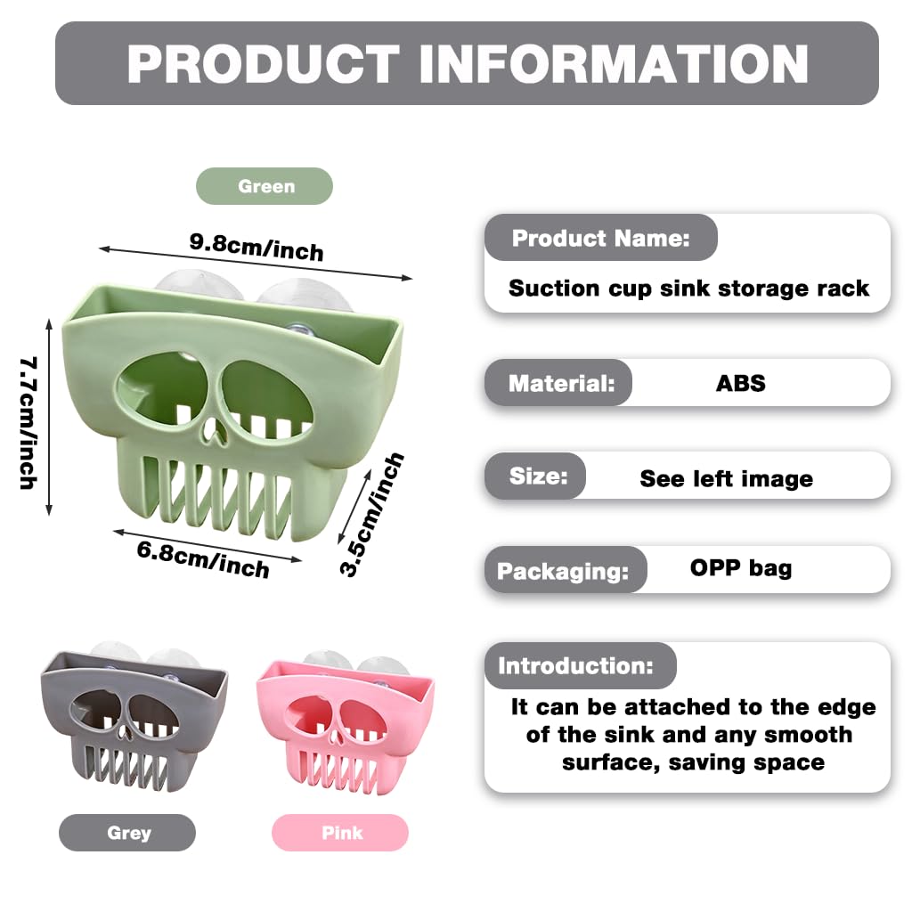 ZIBUYU Kitchen Sink Sponge Holder 3Pcs Set with Suction Cup featuring Skull Face PP Design