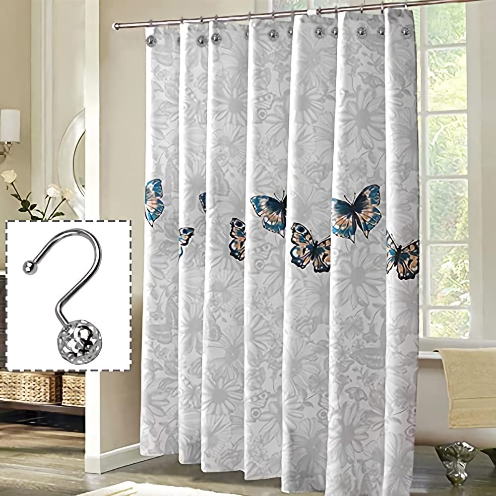 HASTHIP® 12 Pack Silver Shower Curtain Hooks Rings, Metal Rustproof Shower Hangers Rings, Household Shower Curtain Hooks for Bathroom Curtains Rods Hollow Ball Design