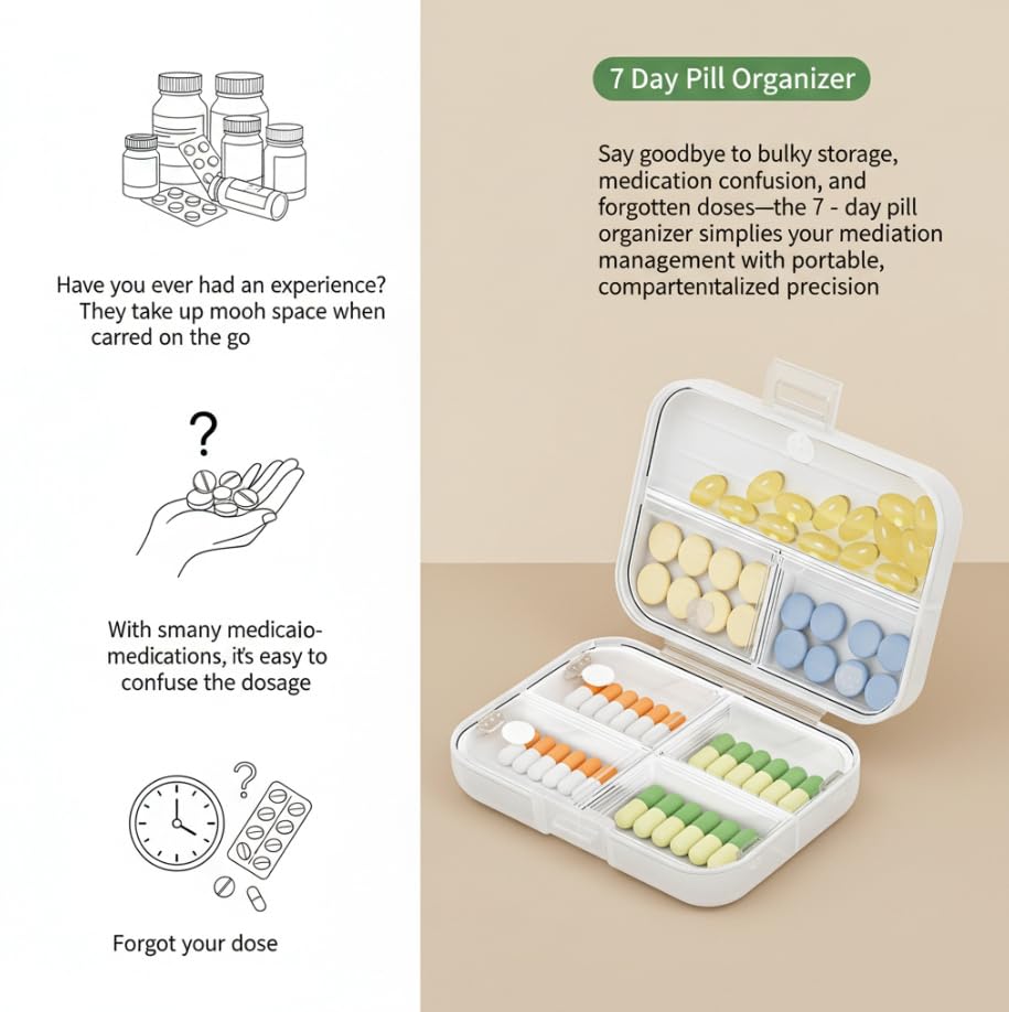 ZIBUYU 7 Day Pill Organizer with Snap Lock Leakproof Design for Daily Medication Storage