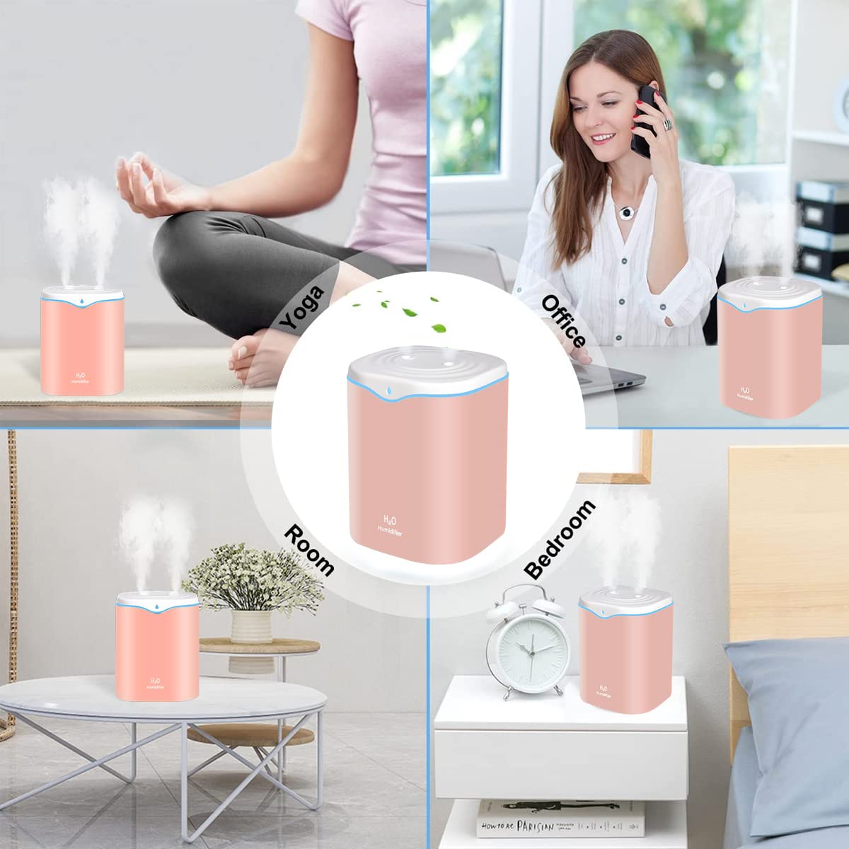 HANNEA Humidifier for Room with 2L Dual Spray Nozzle and 7 Color Light | Quiet USB Design