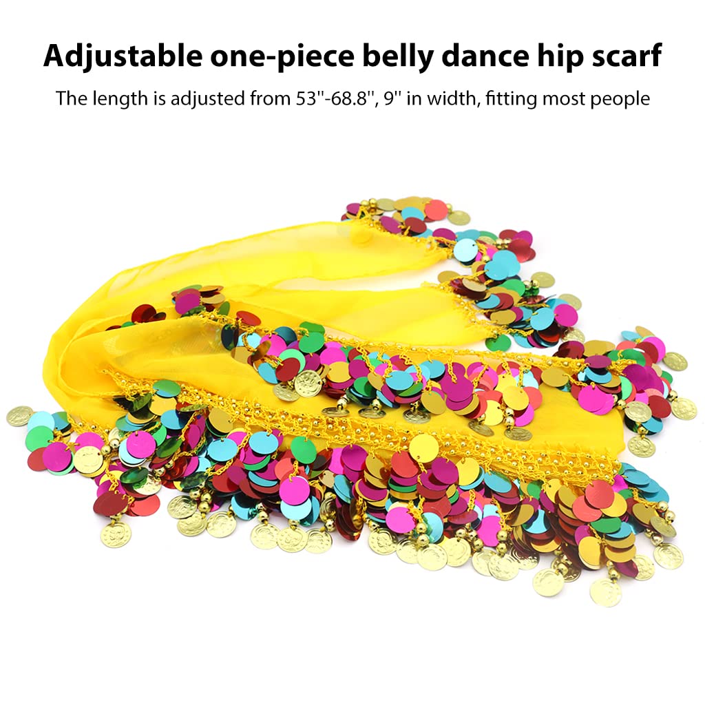 PALAY® Belly Dance Hip Scarf Waistband Belt Belly Dance Skirt Wrap with Colorful Bling Coins Fancy Belly Dance Costume Accessories for Women Girls Yellow