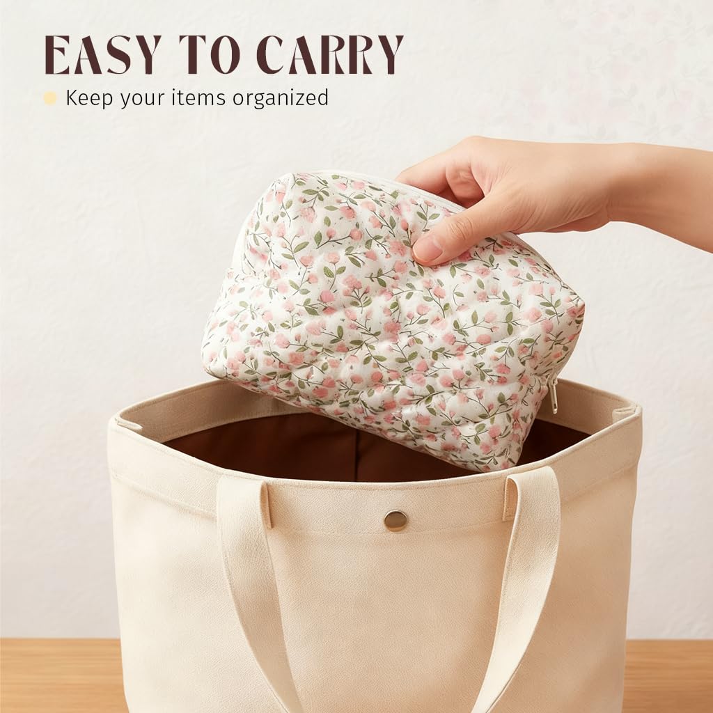 ZIBUYU Quilted Floral Cosmetic Pouch for Travel and Daily Use with Secure Zipper | Cotton Organizer Bag for Women