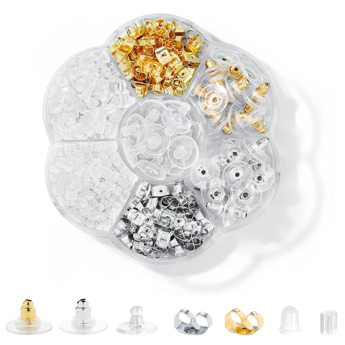 MAYCREATE Earring Backs Set for Hoop and Drop Earrings with 500 pcs 7 Styles | Metal and Silicone Locking Design