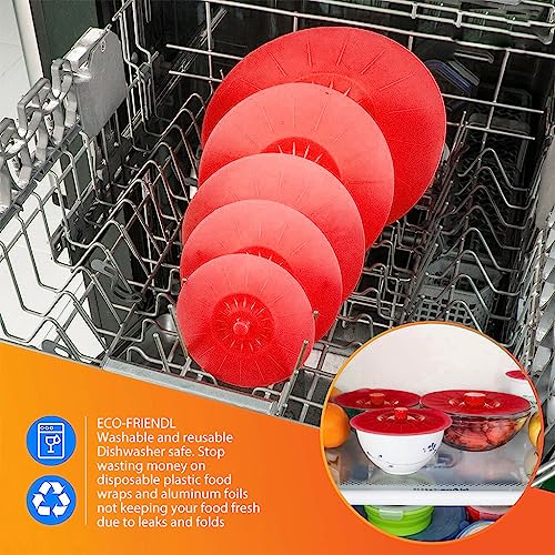 HASTHIP® Silicone Bowl Lids, 5 Sizes Silicone Lids for Food and Bowl Covers Silicone Covers for Food Safe Silicone Bowl Covers Silicone Food Covers Silicone Pot Cover Microwave Cover, Red