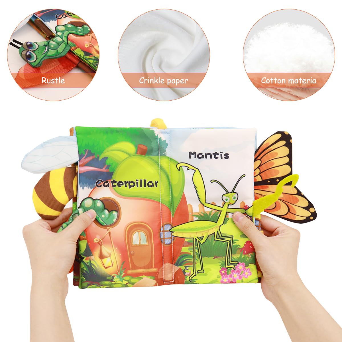 PATPAT® 6 Pages Cloth Book for Babies, 3D Cartoon Insect Crinkle Books for Babies 6-12 Month Old Soft Cloth Books, Sensory Toys Book, Early Development Toys Baby Cloth Book for Toddler 3-18 Months