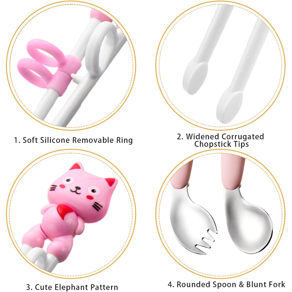 SNOWIE SOFT® Training Chopsticks for Kids, Stainless Steel Fork and Baby Feeding Spoons for 6 to 12 Months, Chopsticks for Beginners Weaning Spoons Toddler Flatware Sets Tableware Christmas Gifts Pink