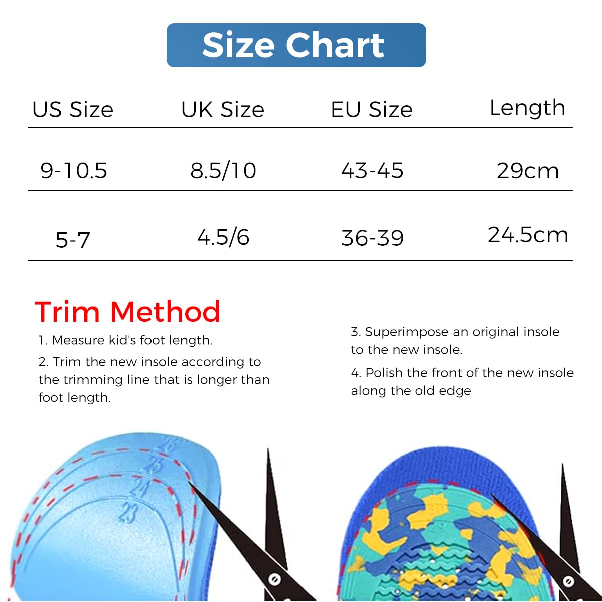 Zibuyu Shoe Insoles for Walking and Sports with 3.5 cm Arch Support and PU Foam Cushioning | Trim to Fit for Men
