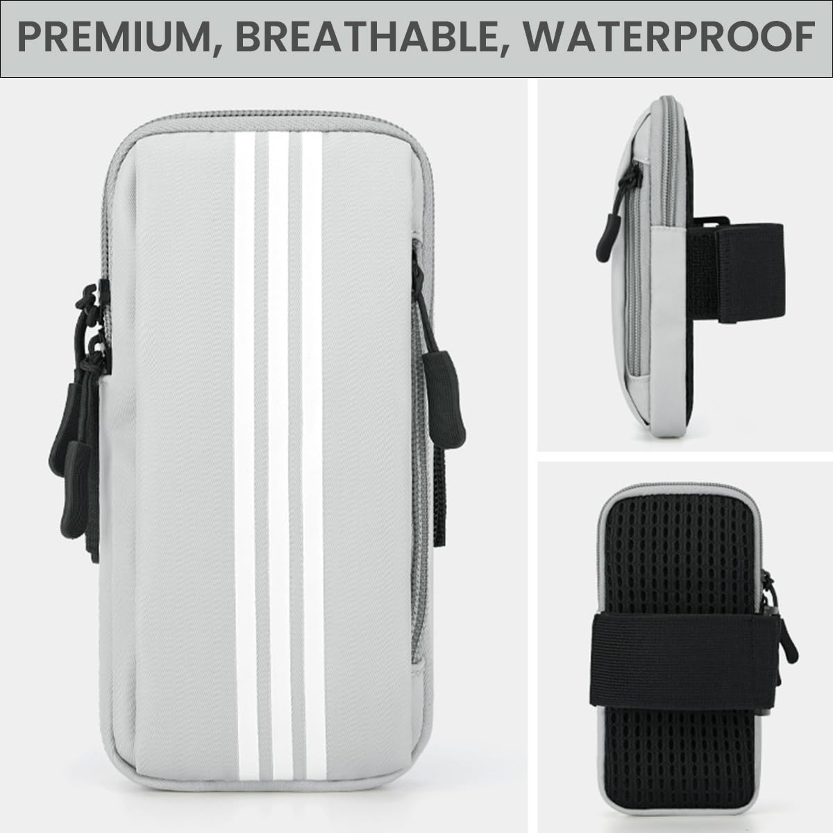 Optifit Waterproof Running Armband Phone Holder for 6.7 in Smartphones with Elastic Strap | Grey Fitness Arm Bag for Men and Women