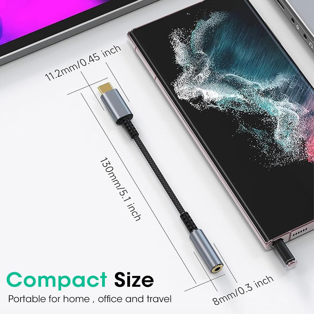 USB Type C to 3.5mm Audio Jack Adapter for Galaxy S23 and iPad Pro with Nylon Braided Cable