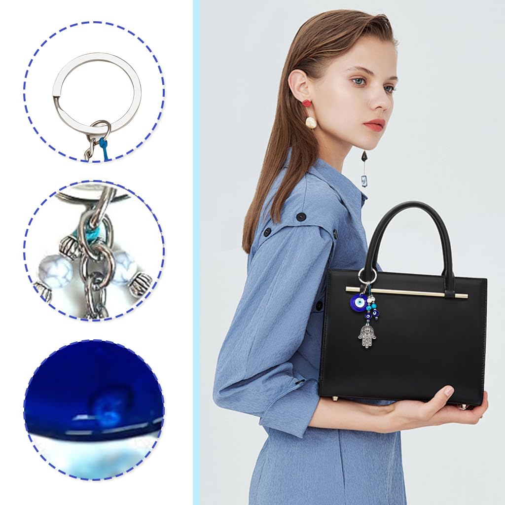 SANNIDHI Bag Charms Evil Eye Keychain with Blue Beads Palm Pendant for Women | Good Luck Gift
