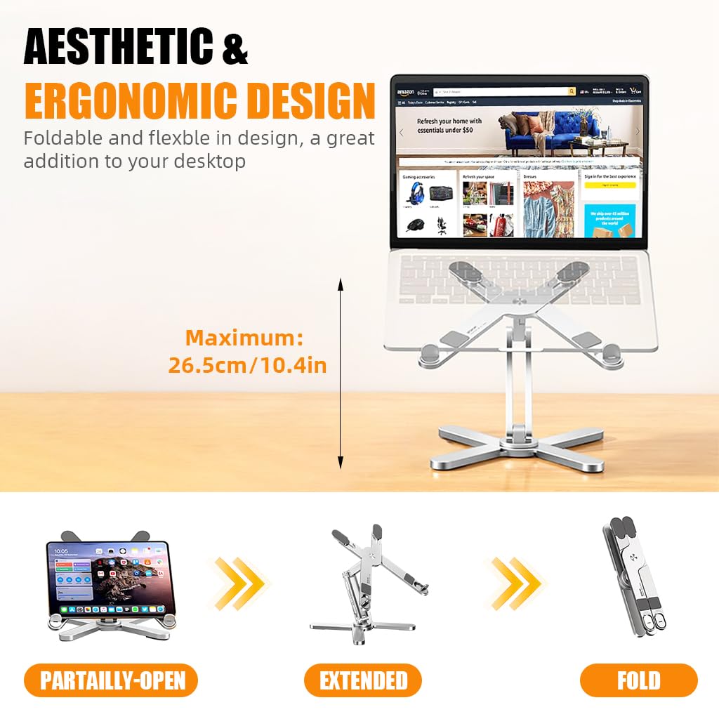 ZORBES Adjustable Laptop Stand for Desk with 360 Rotating Base and X-Shaped Metal Riser | Fits 8–16 in Laptops