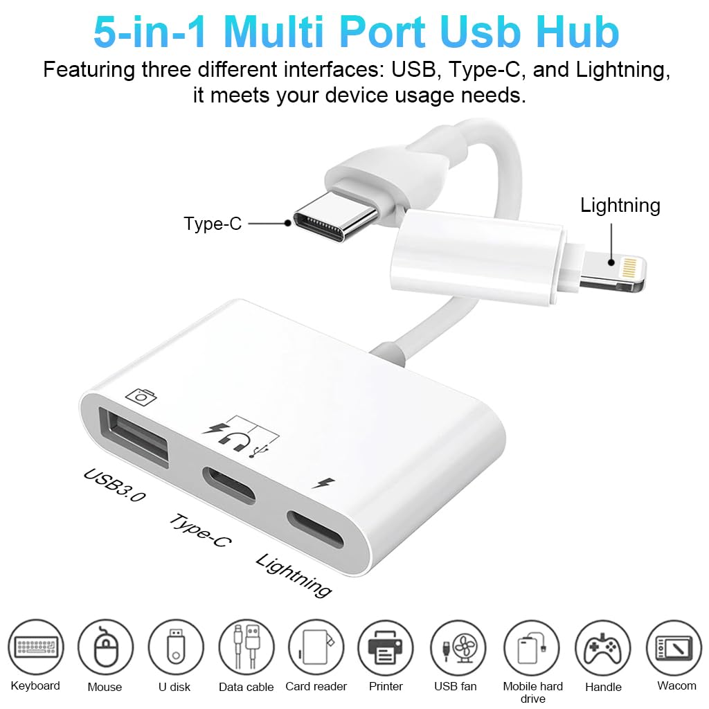 ZORBES® USB Hub for iPhone 5 in 1 USB 3.0 Hub USB C Hub with Light-ning Converter USB C Hub USB C to USB C Light-ning to USB C Multifunction Card Reader Support PD60W Fast Charging