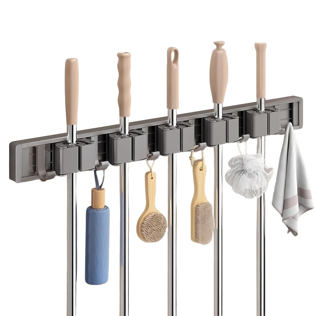 HASTHIP Mop and Broom Holder for Bathroom and Garage with 6 Hooks and Push-in Rail | No-Drill Aluminum Organizer