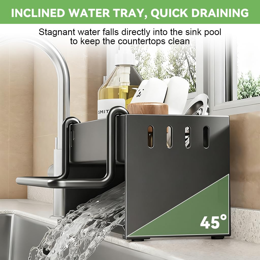 HASTHIP Metal Sponge Holder for Kitchen Sink with Water Guiding Panel & Towel Bar | 30.5x9.6x9 cm Stainless Steel Organizer