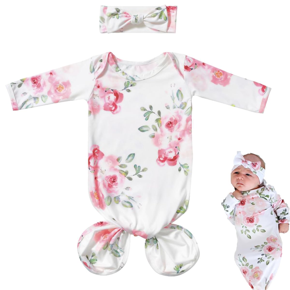 SNOWIE SOFT® Baby Girls Swaddle Knotted Infant Gown and Headband Set Cute Flower Print Infant Girls Swaddle Infant Girls Gown for 0-6 Months Soft Breathable Baby Girls Swaddle Shower Gift