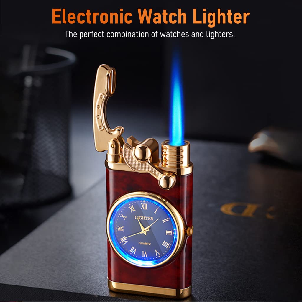 GUSTAVE® Cigarette Lighter with Lighted Electric Watch, Refillable Butane Lighter Cigar Lighter, Windproof Portable Candle Lighter for Grills BBQ Fireplaces Camping (Without Gas)