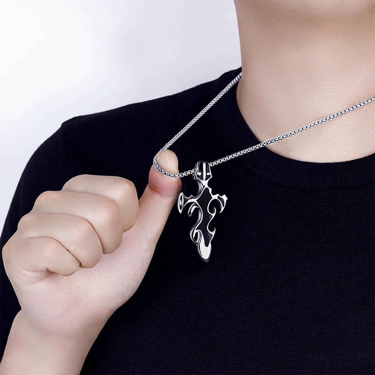 ZIBUYU Flame Cross Necklace for Men and Boys Flame Cross Pendant Chain for Men Titanium Steel Pendant Hiphop Men's Necklace Jewellery Accessories Gift for Men, Boys