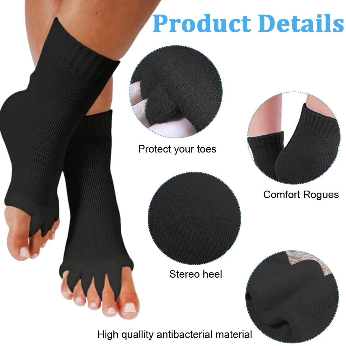 MAYCREATE® 1 Pair Women Toe Separator Socks Yoga Sports GYM Foot Alignment Pain Massage Toeless Socks, Prevent Foot Cramps, Black