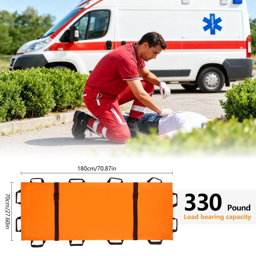 HANNEA Foldable Soft Stretcher for Emergency Rescue with Dual Safety Belts 180x70cm | 12 Rubberized Handles and Oxford Cloth