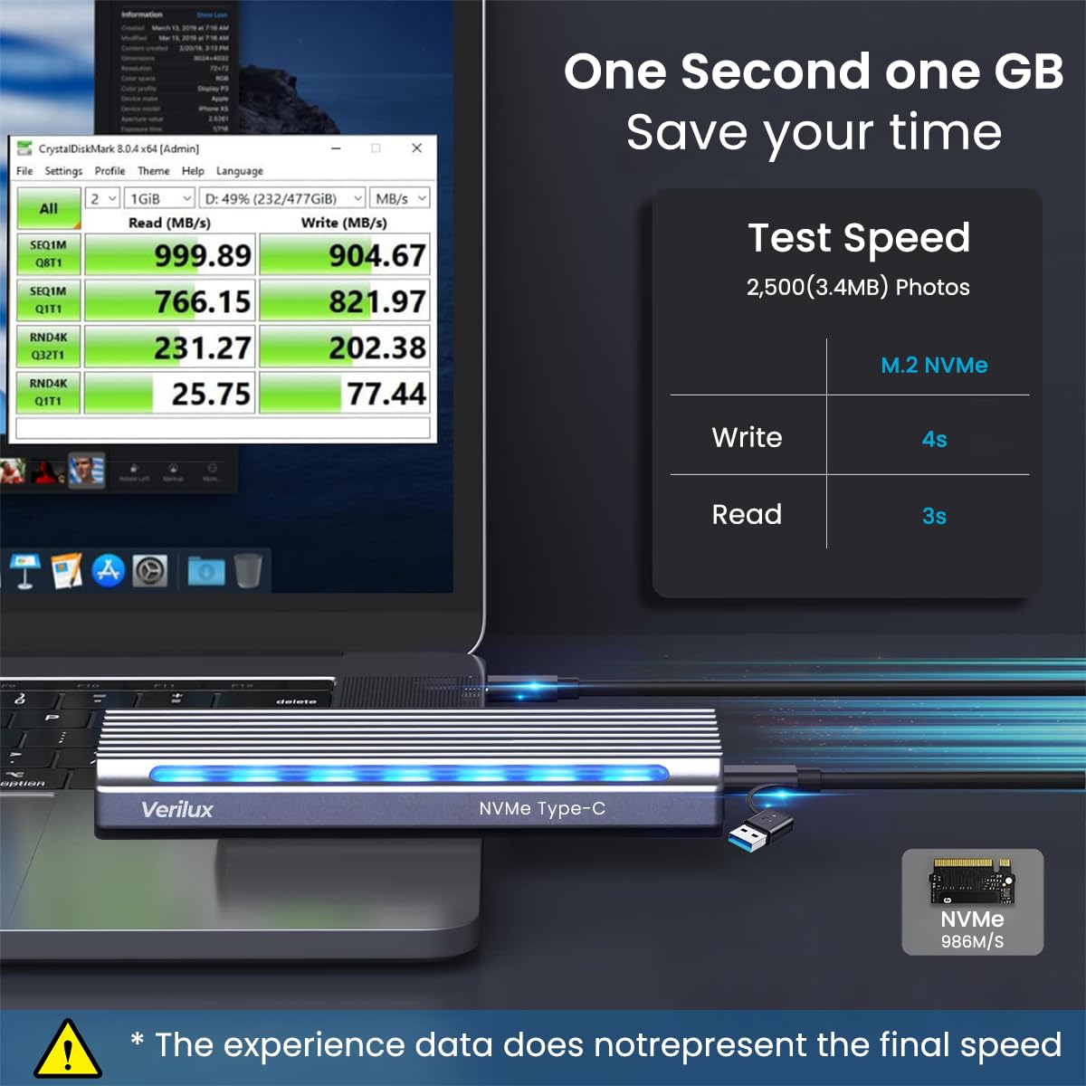 Verilux M.2 NVMe SSD Enclosure for 10Gbps Transfer with Aluminum Cooling Case | USB 3.2 Type C Adapter
