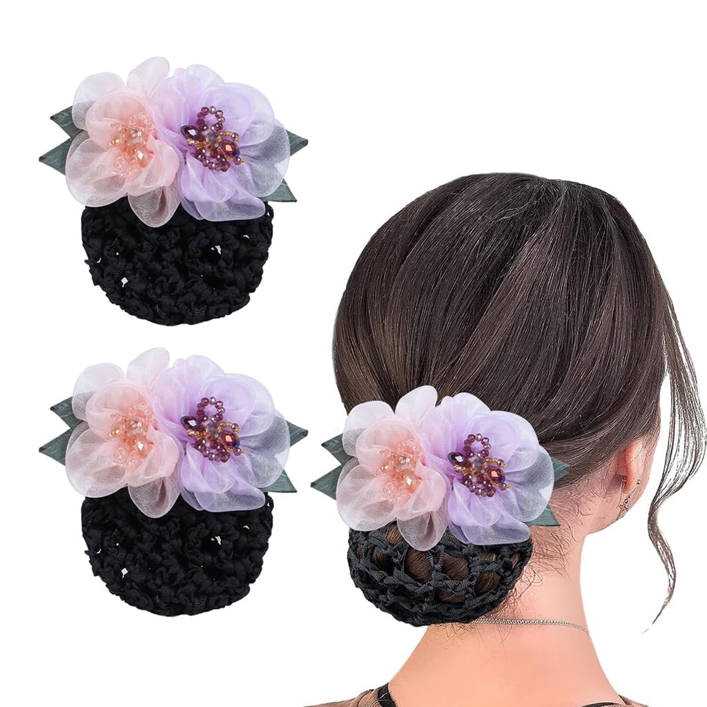MAYCREATE Hair Bun Net Clip for Dancer and Nurse with Alloy Spring Clip and Fabric Flower | 2pcs Set