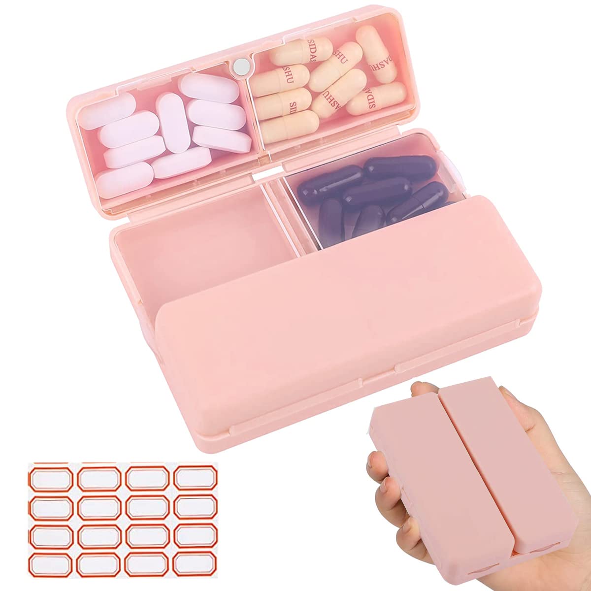 HANNEA® Pill Medicine Organizer Storage Box with 7 Compartments, Folding Design, Moisture-Proof Pill Box for Vitamin, Medicine, Pills, Supplements Holder Container, Pink