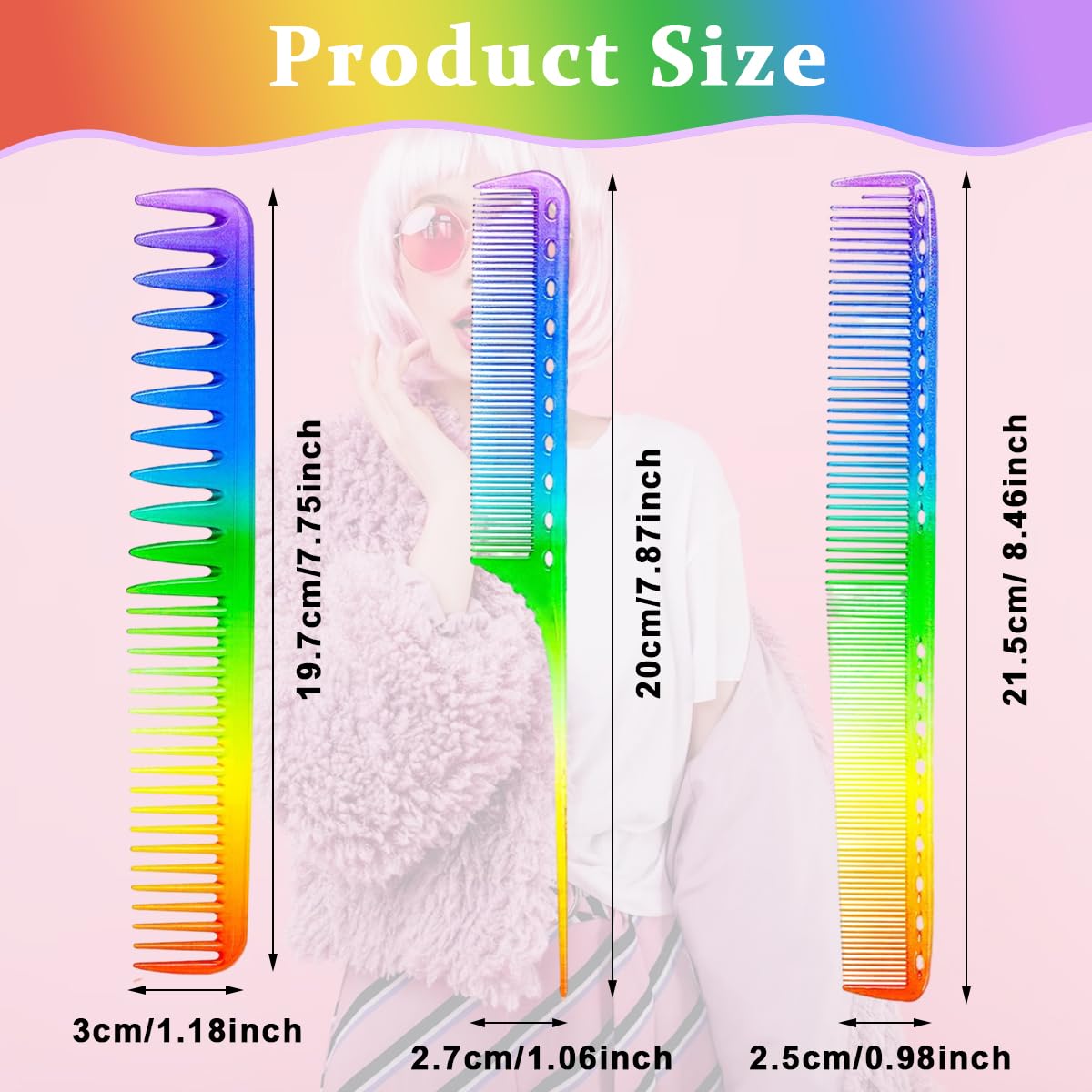MAYCREATE 3pcs Hair Comb Set Rainbow Fine Cutting Hairdressing Rat Tail Combs Salon Fine Teeth Hair Styling Comb for Back Combing, Root Teasing - Anti-Static & Heat Resistant