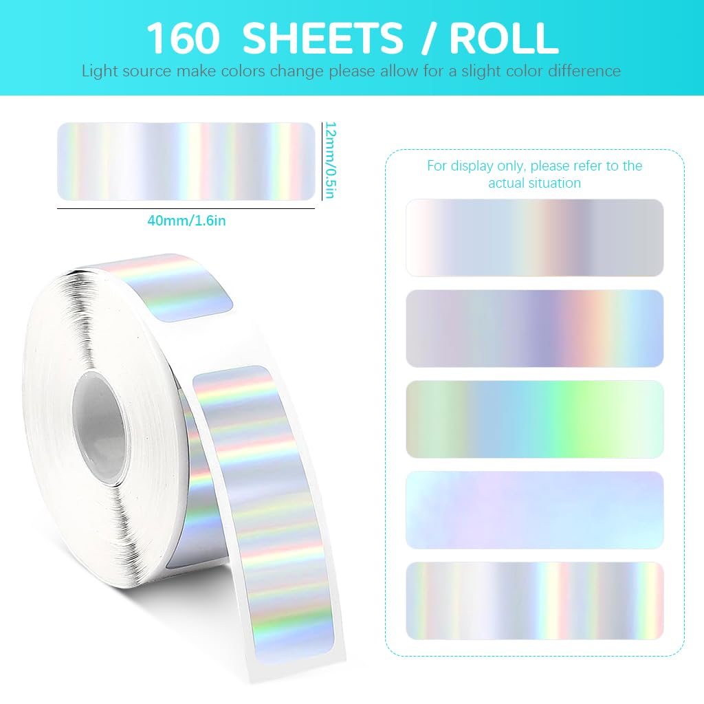 Zeitel Mini Label Printer Machine Adhesive Sticker 160 Pcs/roll, 12x40mm Thermal Printer Paper Roll, Compatible with D30 Portable Label Printer Tapes Label Print Paper for Office (Holographic Silver)