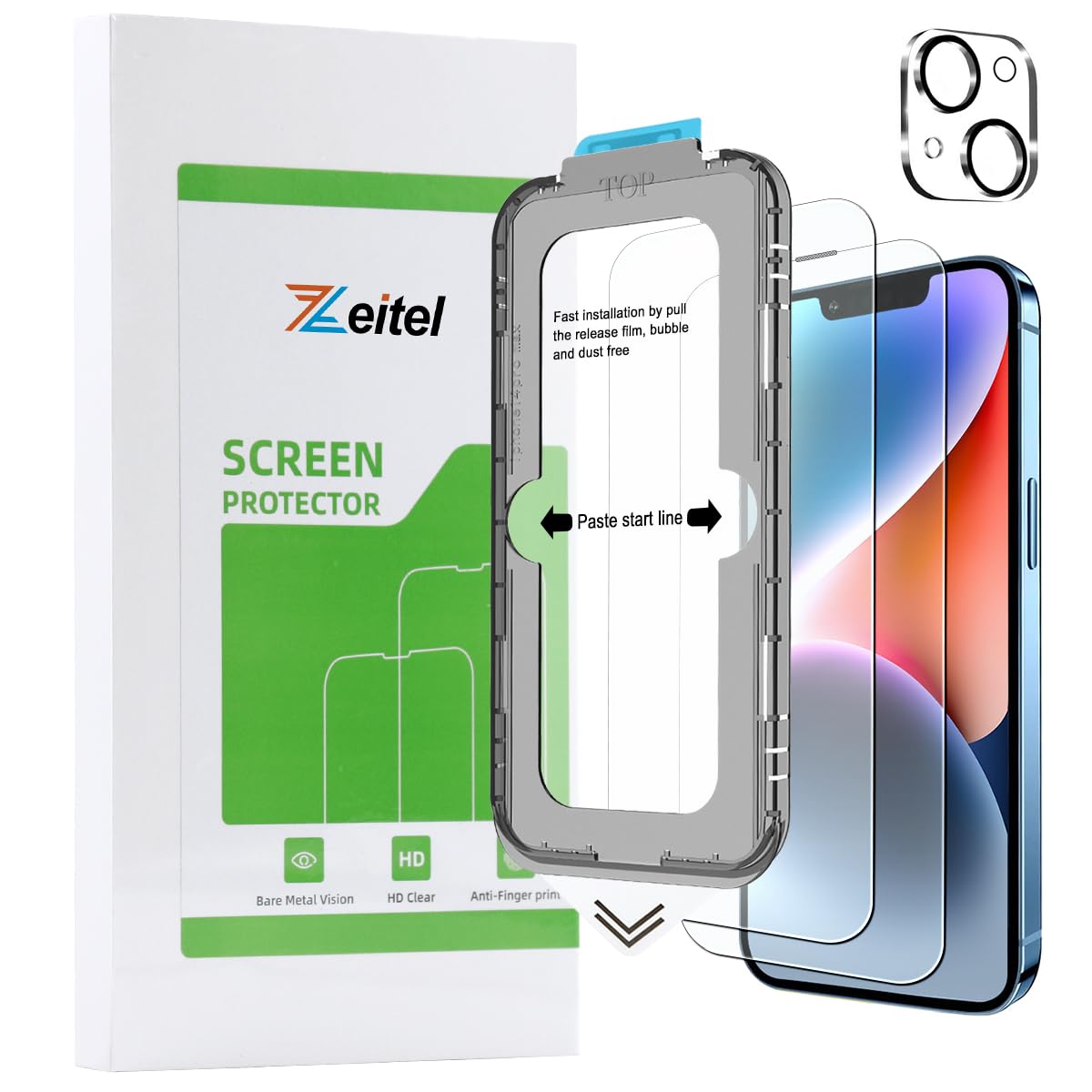 Zeitel® Easy Fit Tempered Glass Screen Protector for iPhone 14 6.1 inches Easiest 2-Step Installation Auto-Alignment HD Screen Protector Kit with 2 Pieces Screen Protectors Guard and Accessories