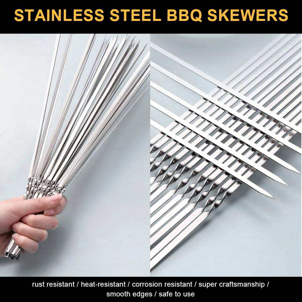 HASTHIP Kebab Skewers 50 pcs 11.8 in for BBQ and Grilling with Flat Arrow Tips | Stainless Steel Set with Storage Tube