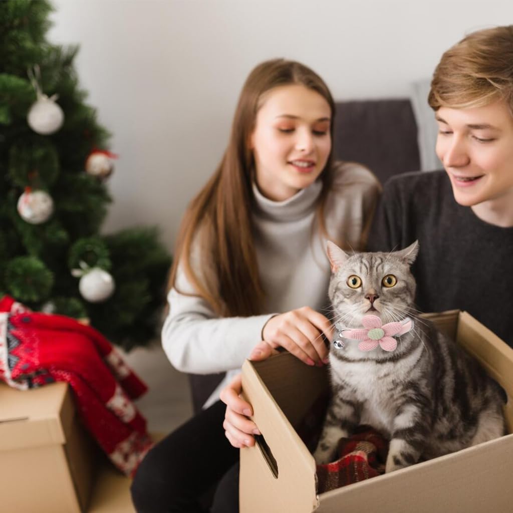 Qpets Cat Collar for Pets featuring Crochet Flower Ornament and Bell | Soft Pink 3PCS Set