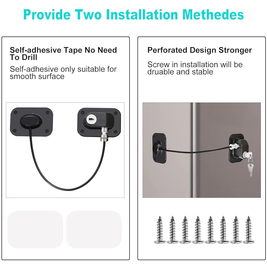 ZIBUYU® Safety Lock Child Proof Safety Lock Refrigerator Door Lock Drawer Lock with Keys Self Adhesive Safety Lock Door Lock Stainless Steel Chain Lock for Doo, Window