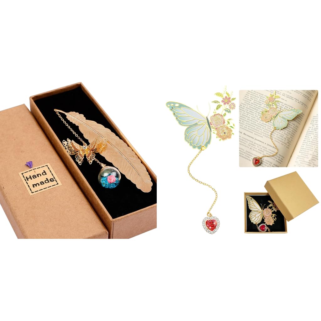 HASTHIP® Metal Feather & Butterfly Bookmark Combo with Glass Beads, Heart Pendant—Unique Vintage Bookmarks for Women, Gifting, Journaling, DIY, Planners, Crafts, Teachers, Book Lovers