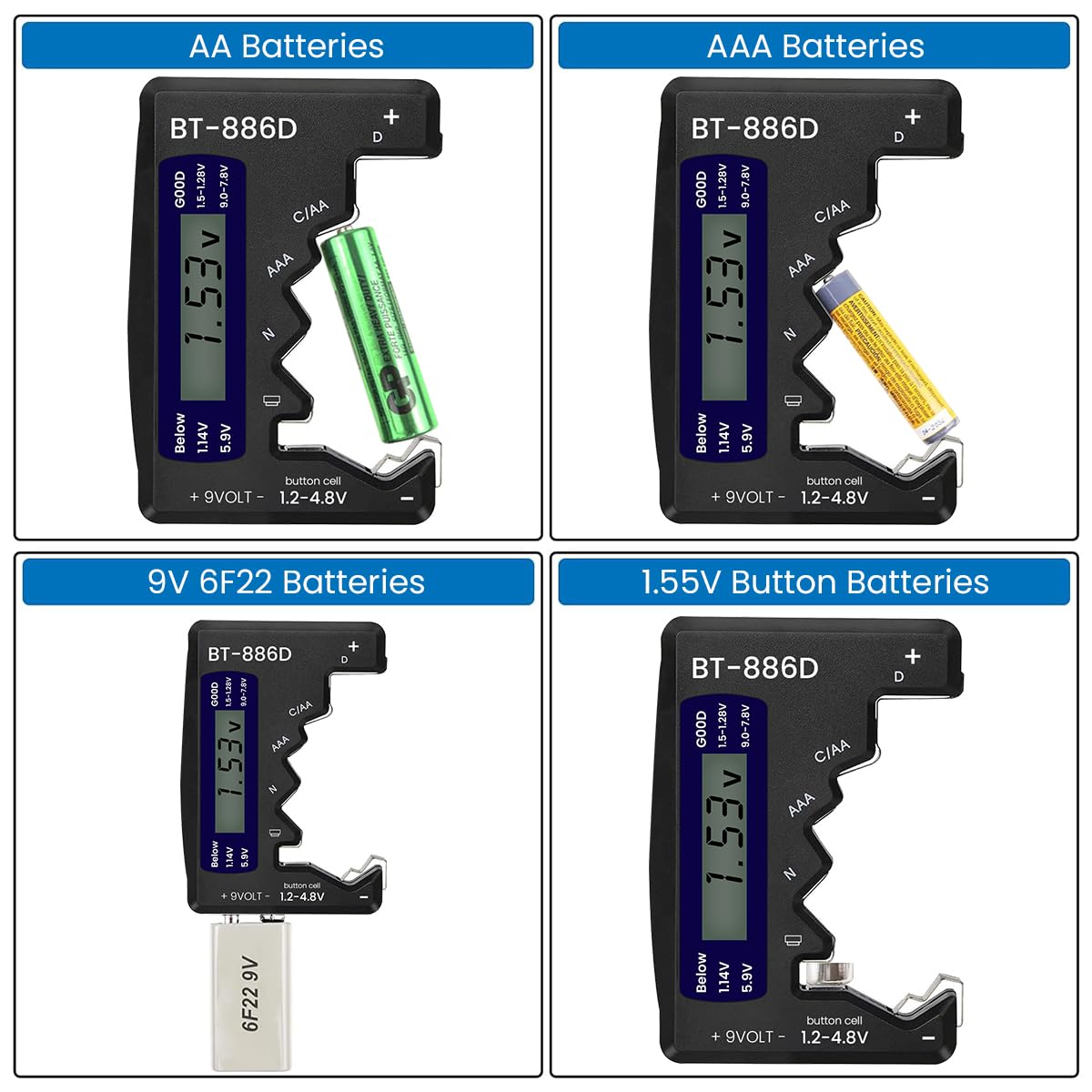 Serplex Universal Battery Tester for AA AAA C D N 9V and 1.5V Cells with LCD Display | Compact Portable Checker