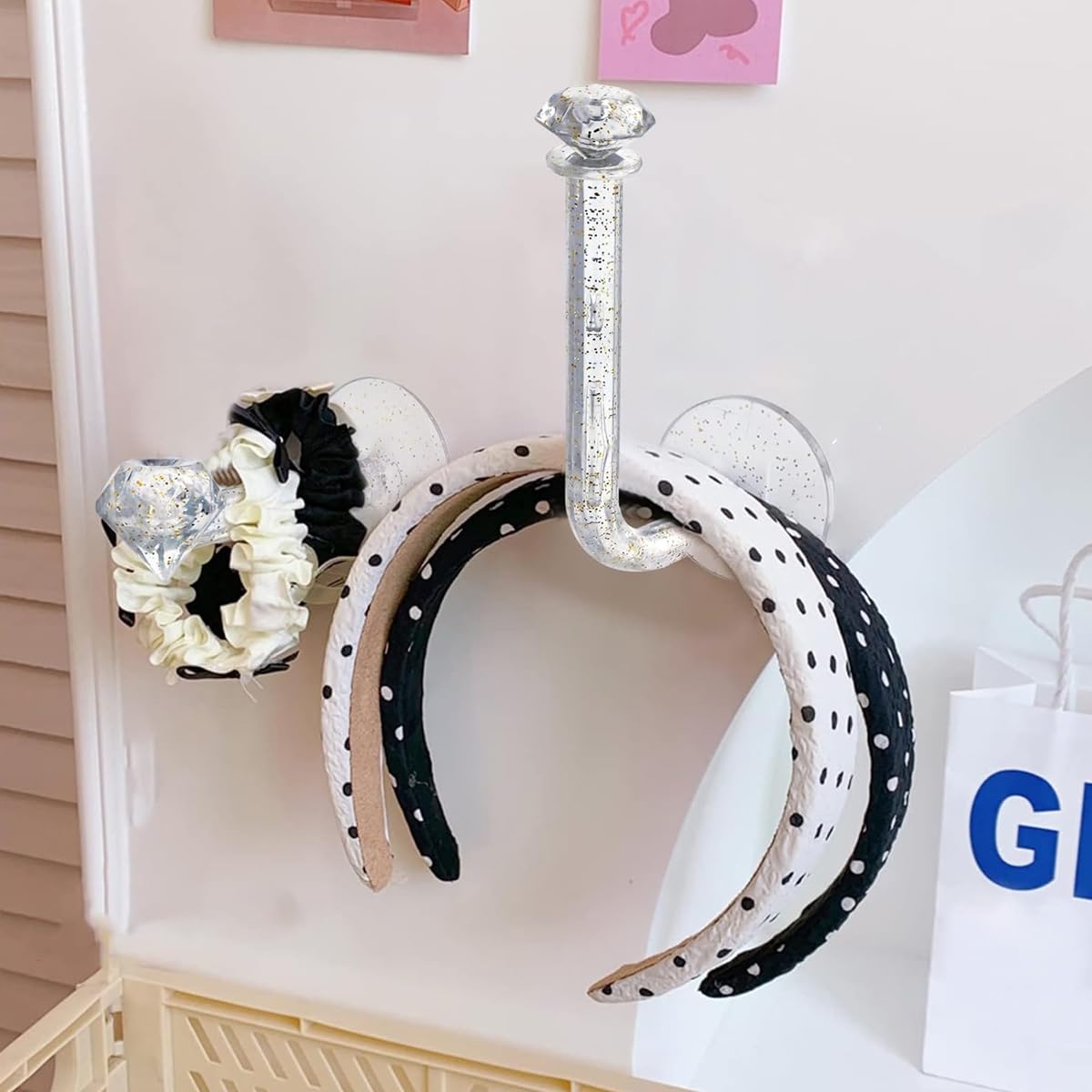 MAYCREATE® 4Pcs Headband Holder Stand Scrunchie Organizer, Acrylic Clear Glitter Adhesive Scrunchy Holder Scrunchie Tower Storage Wall Hook for Women Girl Headband Bracelet Necklace