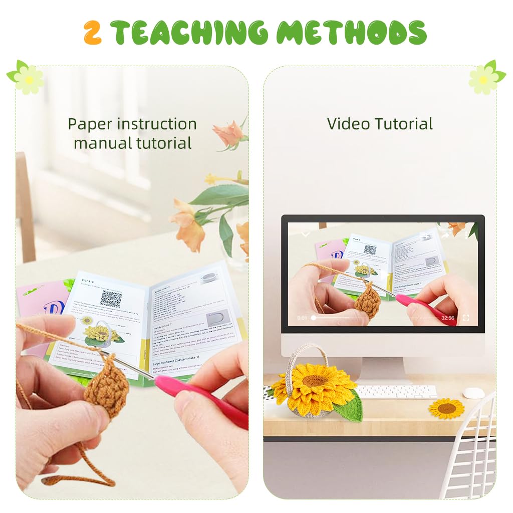 PATPAT DIY Crochet Sunflower Basket Kit for Home Décor with 5Pcs Coaster Set | Yellow Cotton