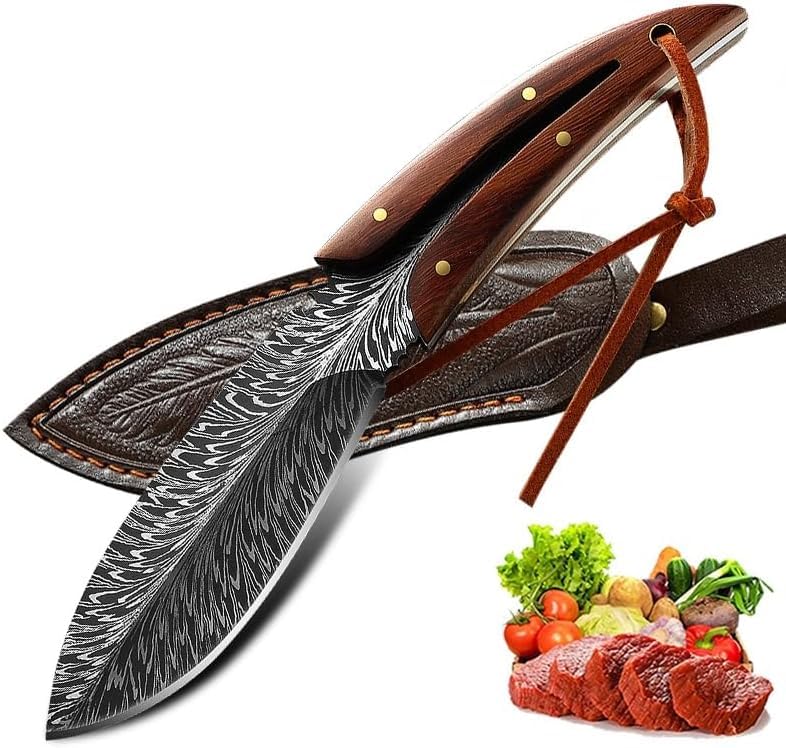 Serplex Kitchen Knife for Meat Cutting with Full Tang High Carbon Steel Blade 7.8 in | Rosewood Handle and Leather Sheath