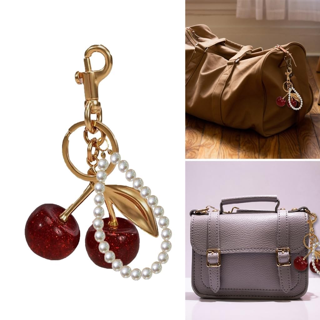 ZORBES® Red Cherry Keychains Aesthetic Bag Charms with Pearl Charm Loop, Fashion Cute Key Chain for Girls Sweetly Stylish Keyring Cherry Charms for Bags Car Accessories Birthday Unique Gifts for Women
