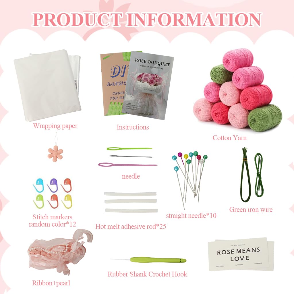 HASTHIP DIY Rose Bouquet Crochet Flower Kit with Yarn and Hook for Handmade Gifts