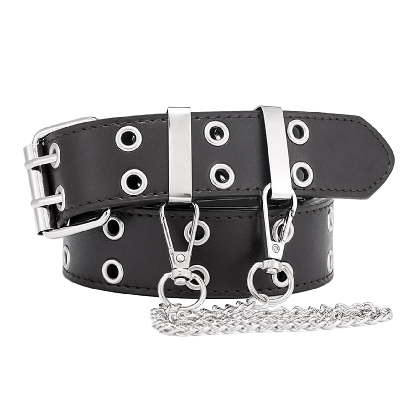 SANNIDHI Belt for Women featuring Dual Row Metal Eyelets and Chain in Black PU Leather