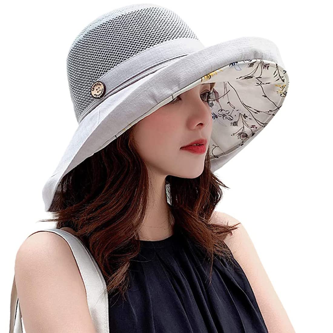 PALAY® UV Protect Sun Wide Brim Hats for Women, Summer Breathable Casual Mesh Cotton Foldable Bucket Hat (Grey)