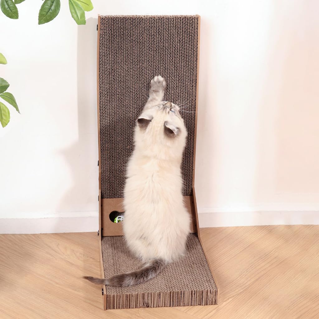 Qpets® Cat Scratcher with Bell Toy 26.8 Inch Stand-up Cat Scratcher Premium Cardboard Scratcher for Cat Cardboard Scratcher Cat Toy