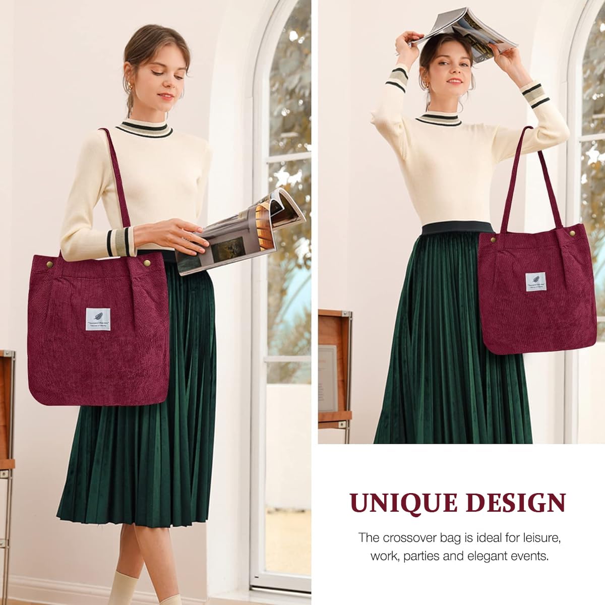 PALAY Tote Bag for Shopping and Commuting with Snap Button Closure 12.5x4.3x15.3 in Corduroy Burgundy