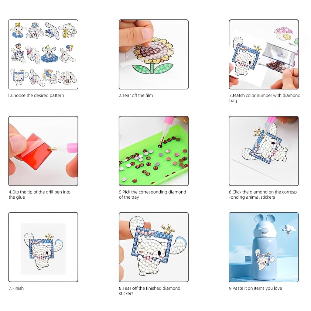 PATPAT DIY Diamond Painting Art Kit Cinnamoroll Diamond Stickers DIY Material Kit with Tools 12Pcs DIY Diamond Painting Cartoon Cinnamoroll Kawaii Stickers for DIY Crafts, Scrapbooking