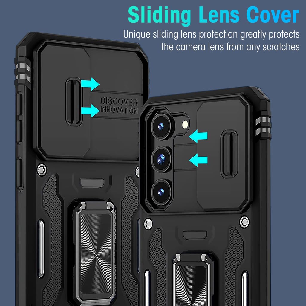 ZORBES Phone Case for Samsung Galaxy S23 with 360° Rotatable Kickstand Grip and Sliding Camera Cover | Black 3 PCS